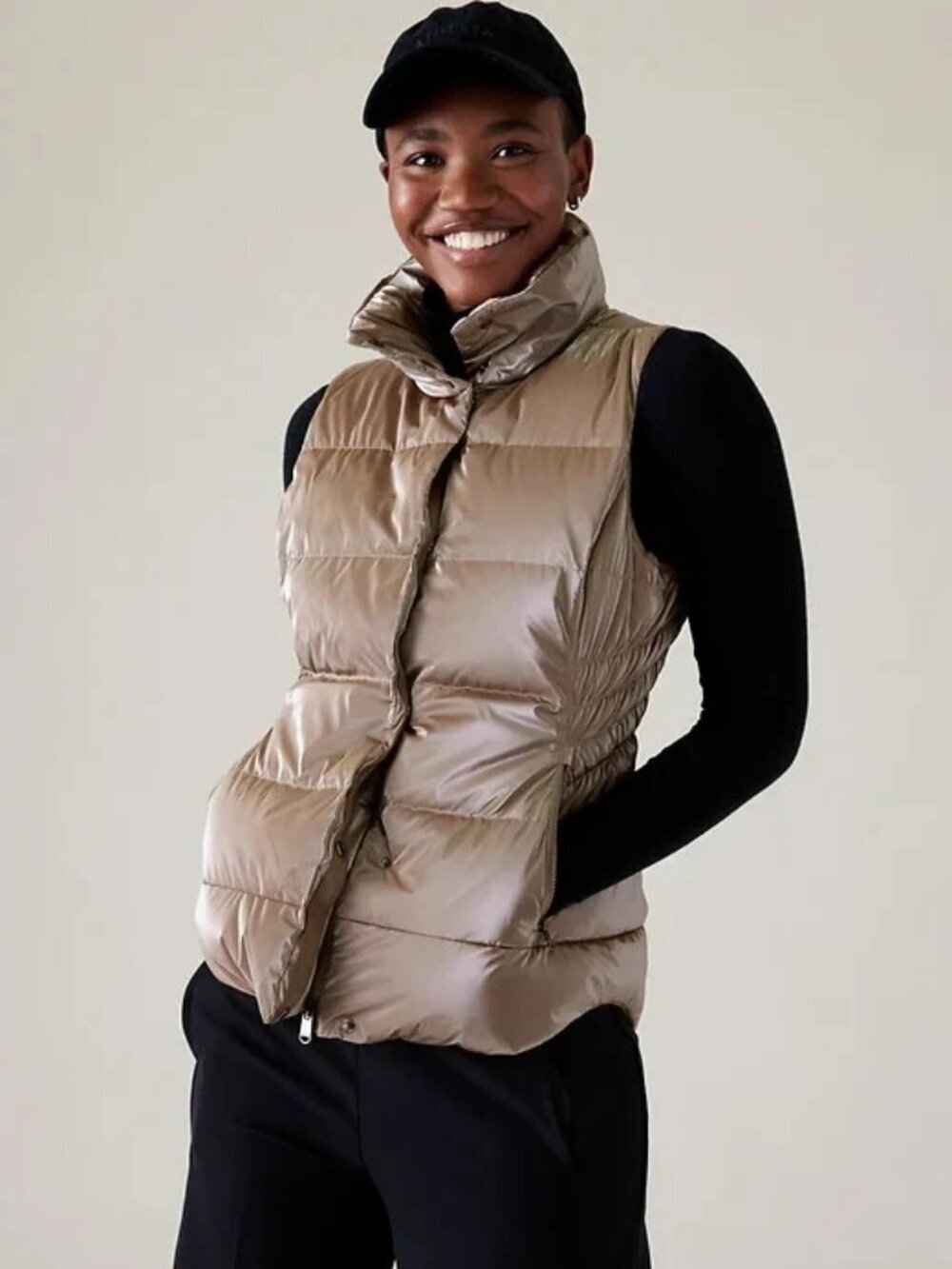 ATHLETA Women's Pyrite Shine DOWNTOWN PUFFER VEST Metallic Size L NWT